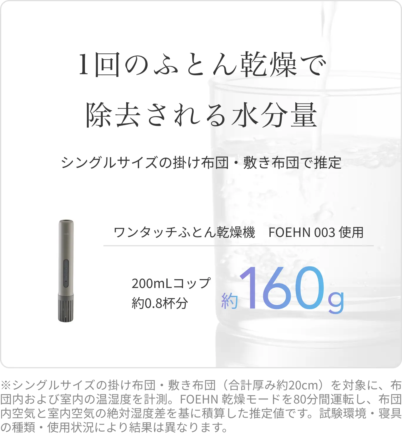 FOEHN 003による1回のふとん乾燥で除去される水分量は約160g